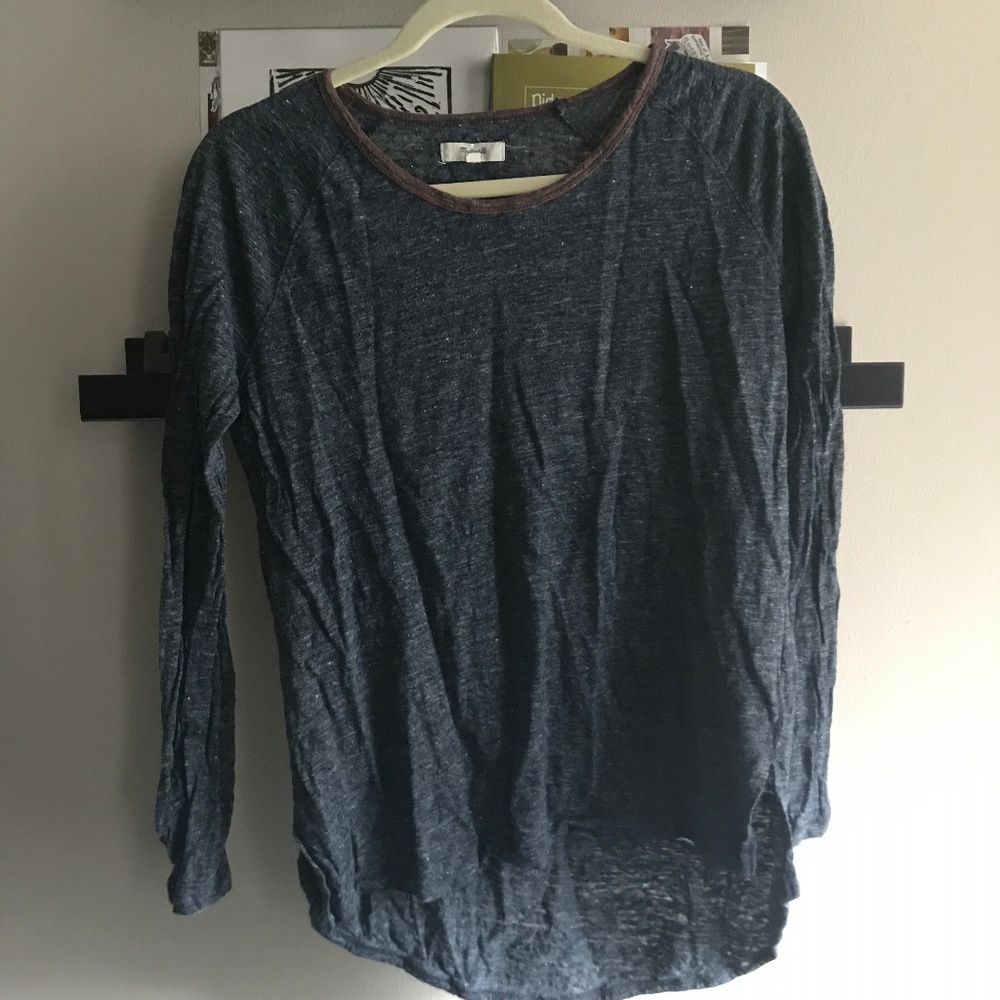 Madewell Gray Long Sleeve Tee with Maroon Neckline